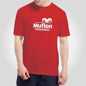 A Man wearing a Red Muflon T-Shirt